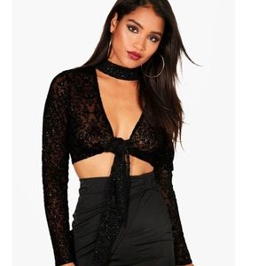 Glitter choker tie mesh crop top